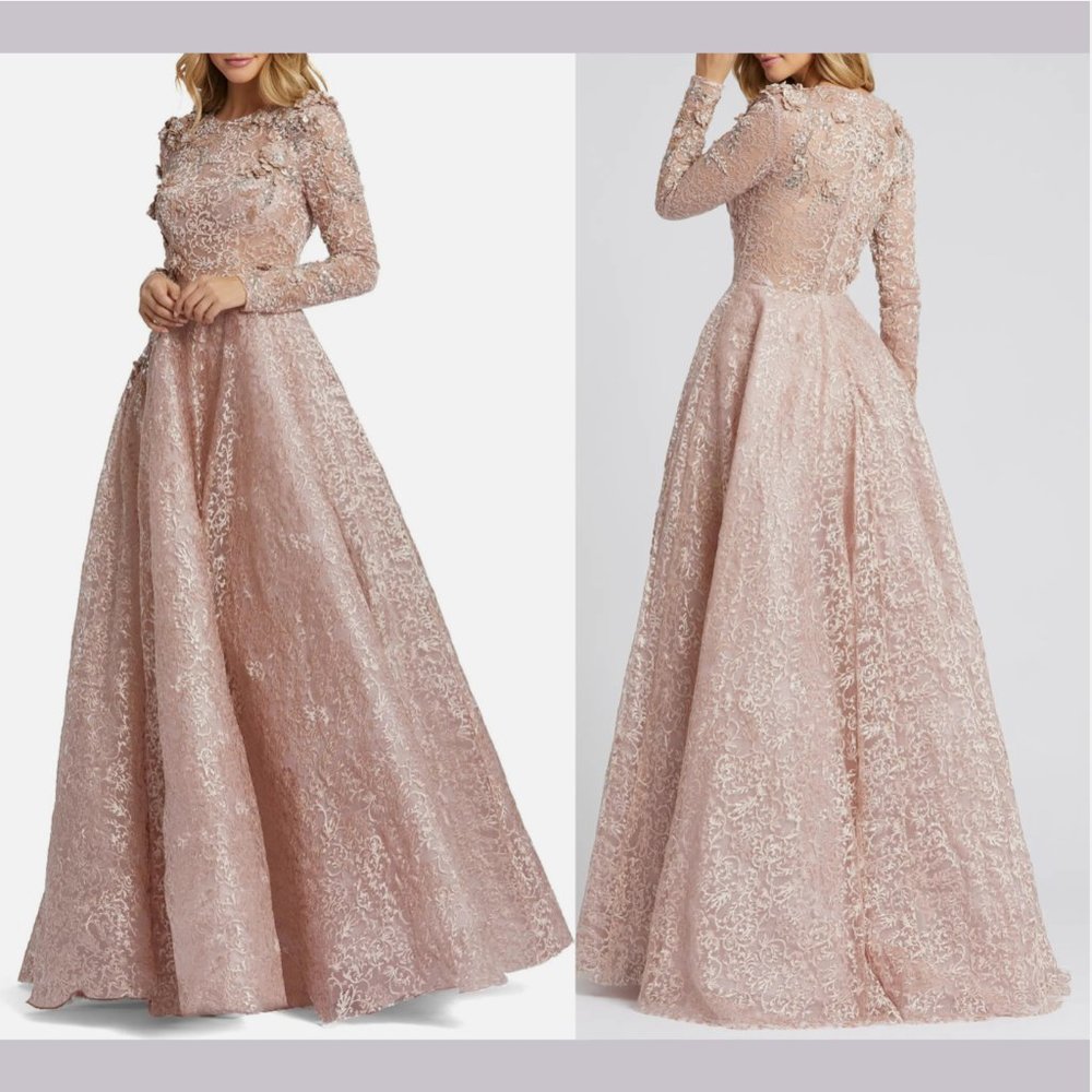 NWT $998 Mac Duggal [ 6 ] Floral Embellished Long Sleeve A-Line Gown Mocha‎ LACE